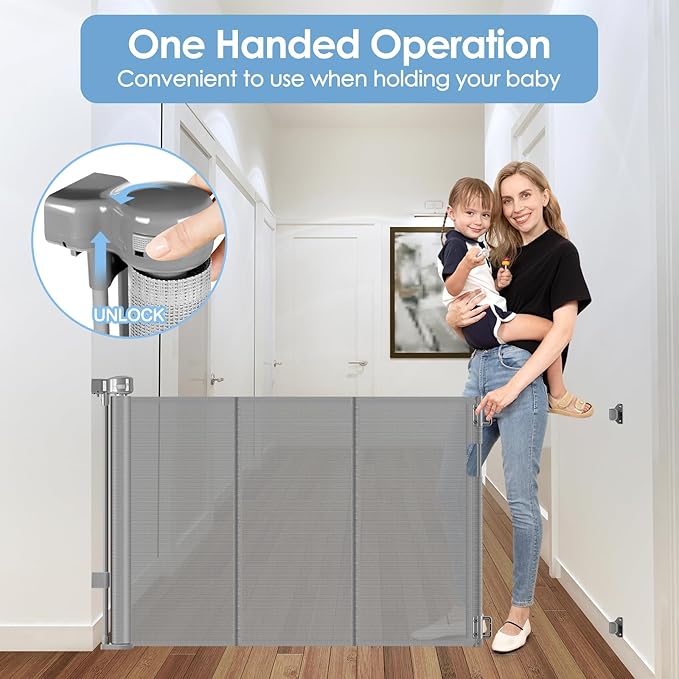 Reinforced 75” Wide Retractable Dog Gate with Support Rods, Upgrade Extra Wide Retractable Baby Gates for Doorways Long Mesh Gate for Kids and Pets Safety Child Gate for Stairs Toddler Gate (Gray)