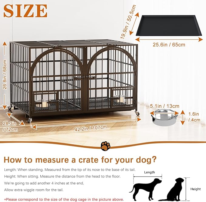Dosker 42 inch Heavy Duty Metal Dog Crate Cage with Divider for 2 Dogs/Large Dog,All Metal Open Top Escape Proof Cage,Dog Kennel Indoor with Wheels,Floor Grid,Tray,Feeding Bowl