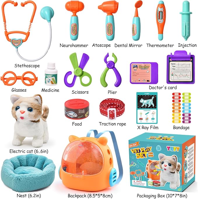 TUZT 17PCS Interactive Cat Toys for Kids, Toys for 3 4 5 6 7 8 Year Old Girls Kids Boys, Walking & Meowing Cat Toy with Sound, Veterinarian Playset for Toddlers, Idea Birthday Gifts for Little Girls - Image 3