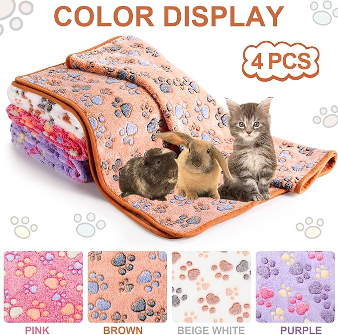 Tatuo 4 Pcs Dog Blanket for Pet Cat Blankets Indoor Puppy Teething Stuff Toys Paw Print Fleece Blanket Warm Sleep Mat for Guinea Pig Cage(White, Coffee, Pink, Purple,Midwest (24 x 47 Inch),Square)