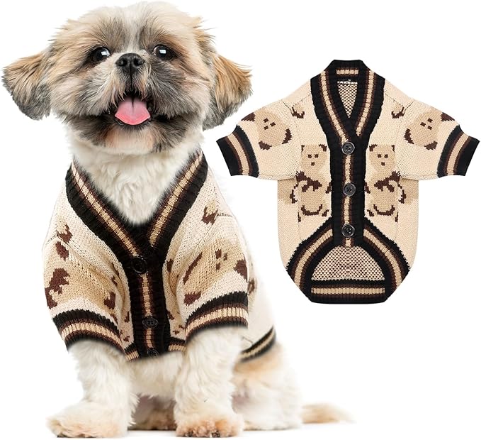 ABRRLO Small Dog Sweaters Cute Bear Dog Cardigans Clothes for Small Medium Dogs Boy Girl Puppy Cat Knitting Cardigan Outfits Dogs Autumn Coats Warm Pet Doggy Clothes Soft Knitwear Apparel (Beige,M)