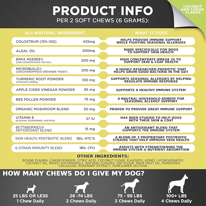 Googipet Dog Allergy Chews, Seasonal Dog Allergy Relief & Itchy Skin Relief, Skin & Coat Supplement Colostrum, Coconut Oil, Omega 3 Fish Oil, & Bee Pollen for Dogs Itch Relief