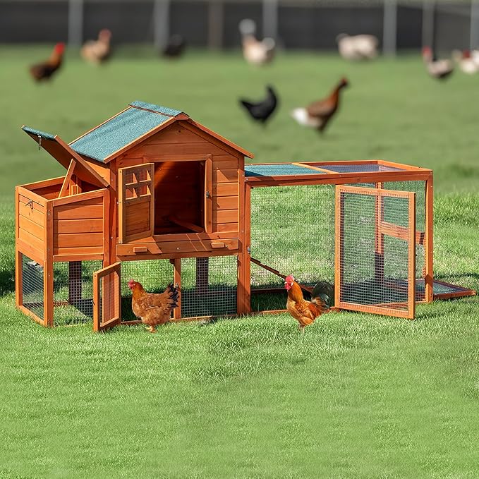 Large Chicken Coop Outdoor Durable Duck House Poultry Pet Hutch & 2 Wood Eggs Run Cage Nesting Box Waterproof Asphalt Roof Ramp Removable Tray Wire Fence for Backyard Small Animal79 Brown