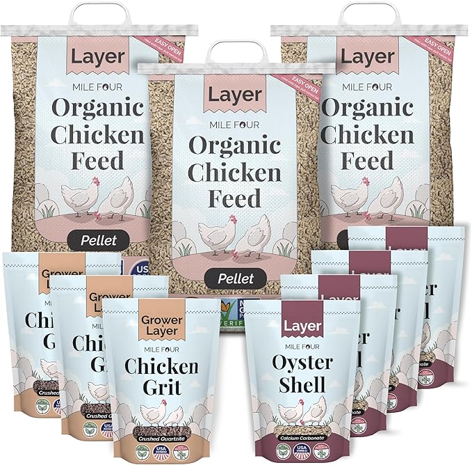 Mile Four Organic Layer Chicken Feed Kit | Feeds 10 Layer (20+ Weeks) Chickens for 4 Weeks | Feed (69 lb), Grit (12 lb), Oyster Shell (16 lb) | Pellet