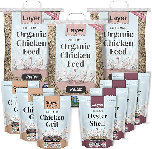 Mile Four Organic Layer Chicken Feed Kit | Feeds 10 Layer (20+ Weeks) Chickens for 4 Weeks | Feed (69 lb), Grit (12 lb), Oyster Shell (16 lb) | Pellet