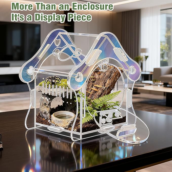 Mushroom Jumping Spider Enclosure Kit, 3mm Acrylic Habitat Tank with Magnetic Feeding Door & Lock, No-Tool Assembly for Jumping Spiders, Mantis, Small Tarantulas