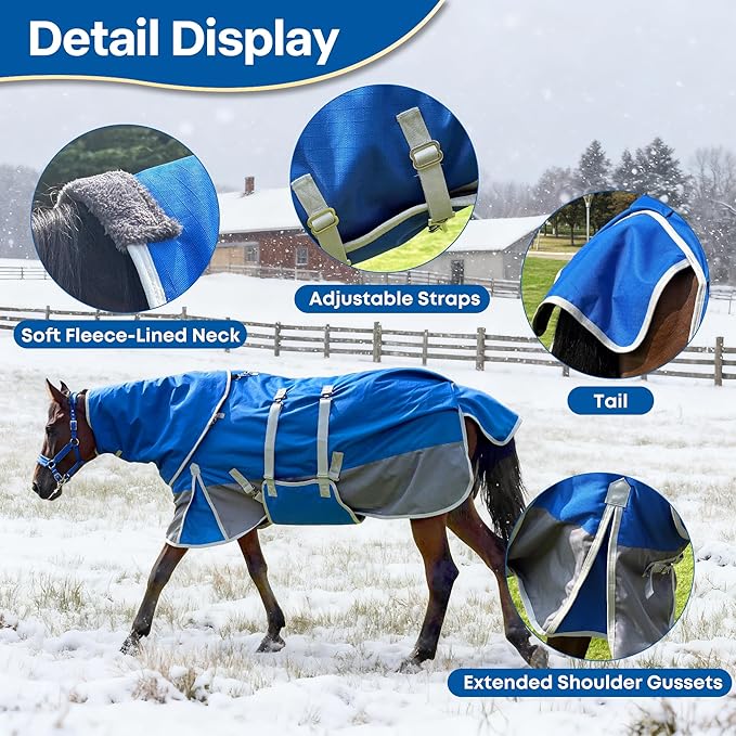 Winter Horse Blanket Horse Turnout Blanket Waterproof 1200D 260g Filled Medium Weight Horse Blanket with Detachable Neck Cover
