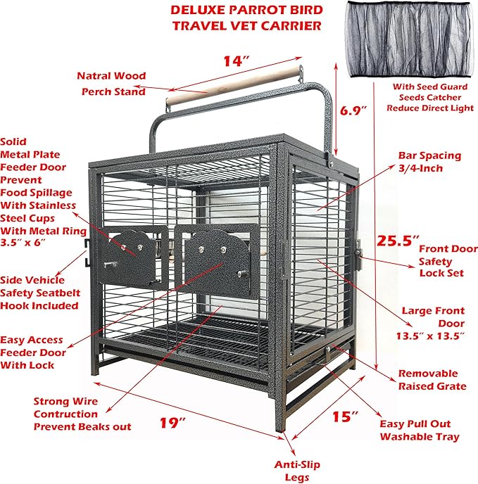 Portable and Durable Heavy Duty Travel Vet Bird Parrot Carrier Play Stand Perch Cage Stainless Feeding Bowl Natrual Wooden Perch Stand with Handle and Accessories