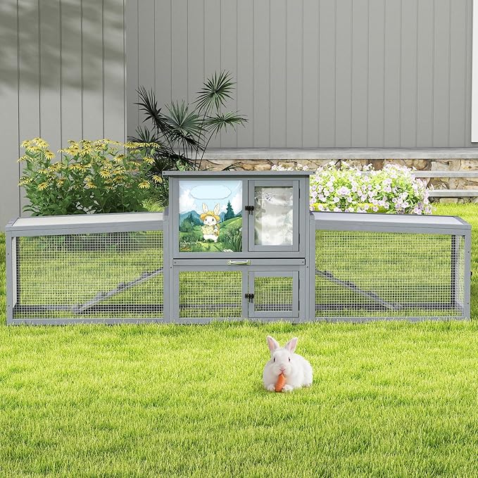 COZIWOW Large Wooden Rabbit Hutch Outdoor Indoor Bunny Cage, 2-Level Small Animal House Enclosure with All-Covered Sloped Roof (Grey with Warm)