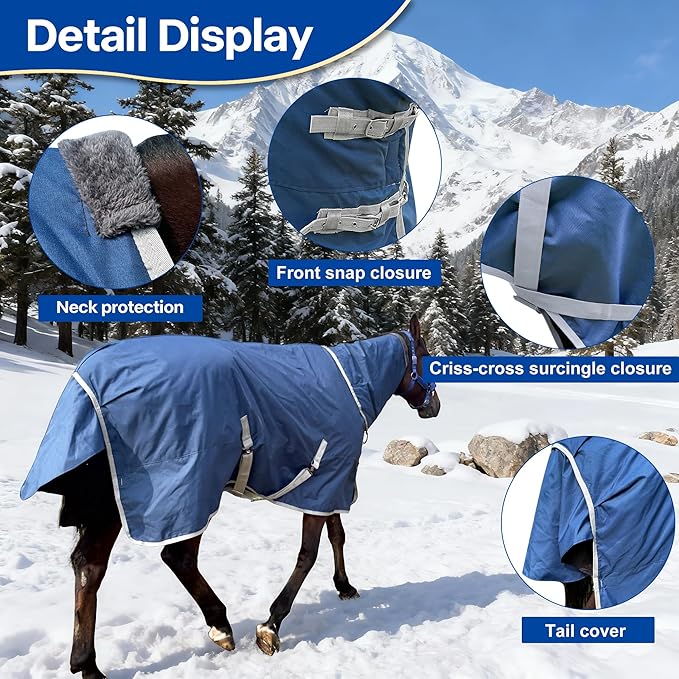1600D Winter Horse Turnout Blanket Medium Weight Horse Blankets with Neck Cover Leg Straps (220g Fill) (80 in)
