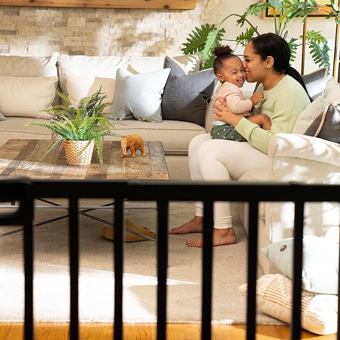 Summer Infant Deluxe Stairway Simple to Secure Safety Pet and Baby Gate,30'-48' Wide, 32' Tall, Install on Wall or Banister in Doorway or Stairway,Hardware Mount, Auto Close Walk-Thru Door-Black Wood