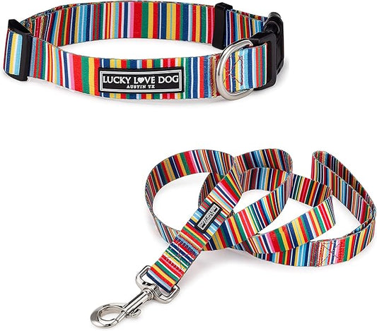 Lucky Love Dog - Easy Click Buckle Dog Collar with Leash Set Combo, Durable & Comfortable for Male & Female Dogs, Pet Collar for Large Dogs, Secure Fit - Hippie Combo, Large