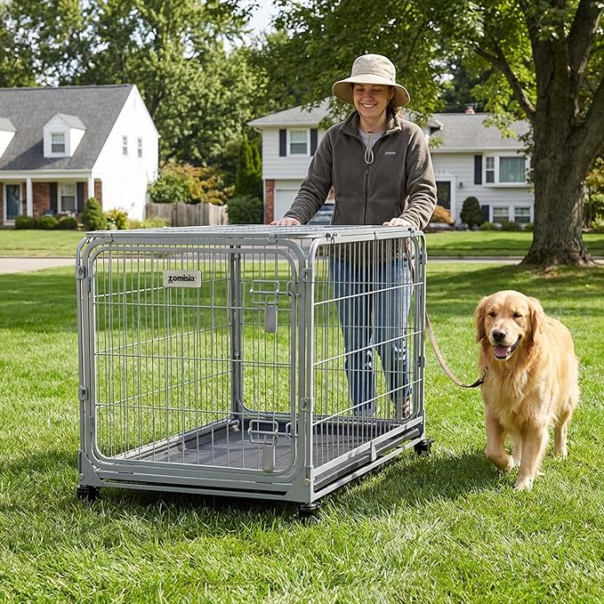 ZOMISIA Collapsible Dog Crate for Large Dogs - 42 inch Escape Proof Double Door Metal Dog Kennel with Lockable Wheels, Easy Assembly Foldable Cage with Removable Tray for Indoor Outdoor, Silver Gray