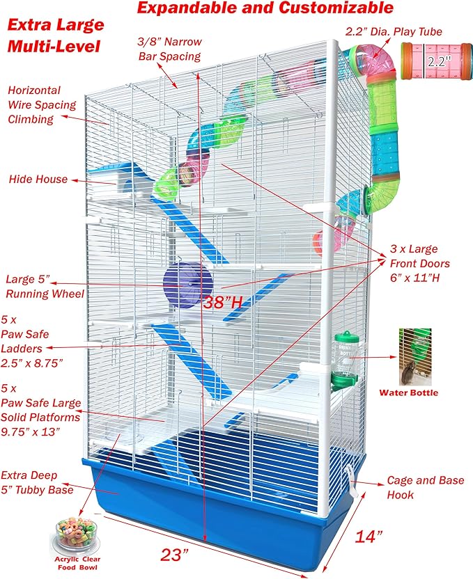 Tall XLarge 38" Multi-Levels Easy Assembly Classic Dwarf Hamster High Tower Mansion Mouse Habitat Gerbil House for Rodent Mice Rat Crossover Tube Tunnel Expandable Customizable Deep Tubby Base