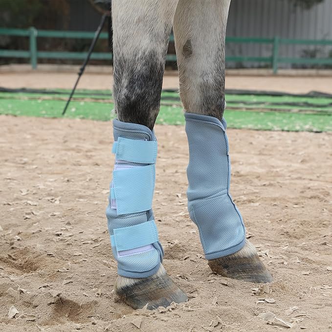 LEAFOREST Horse Fly Boots Set of 4 - Non Slip Leg Protection for Donkey Mini Pony Draft, Breathable Mesh Fly Boots for Pasture & Barn Use Light Blue Pony