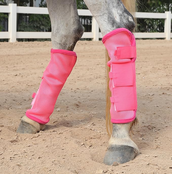 LEAFOREST Horse Fly Boots Set of 4 - Non Slip Leg Protection for Donkey Mini Pony Draft, Breathable Mesh Fly Boots for Pasture & Barn Use Pink Pony