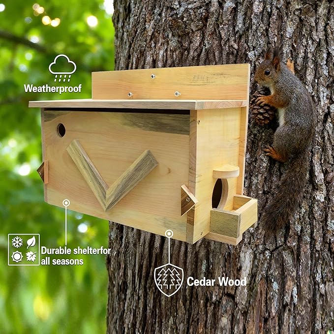 Large Solid Wood Squirrel House - Handmade All-Weather Outdoor Nesting Box to Welcome Squirrels & Chipmunks - Easy Mounting Kit for Backyard, Tree, or Fence