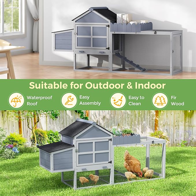 COZIWOW Outdoor Chicken Coop, Wooden Hen House with Nesting Box, Run, Resting Room, Ramp, Pull-Out Tray, Weatherproof, Patio Garden Pen Hutch for Ducks Poultry Pets, Easy to Clean, Gray (Plant Fence)