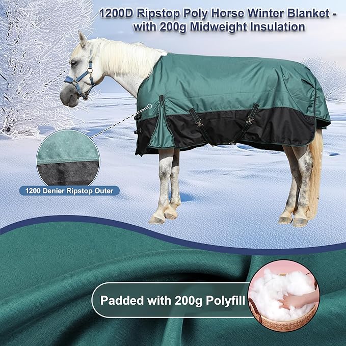 1200D Ripstop Waterproof Breathable Horse Blanket (200g Fill), Medium Weight Warm Winter Turnout, Thermal Protection for Cold & Snow Greenblack 69"