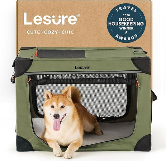 Lesure Shown on TODAY Show Soft Collapsible Dog Crate - 30 Inch Portable Travel Crate for Medium Dogs Indoor & Outdoor, 4-Door Foldable Pet Kennel with Mesh Windows, Green