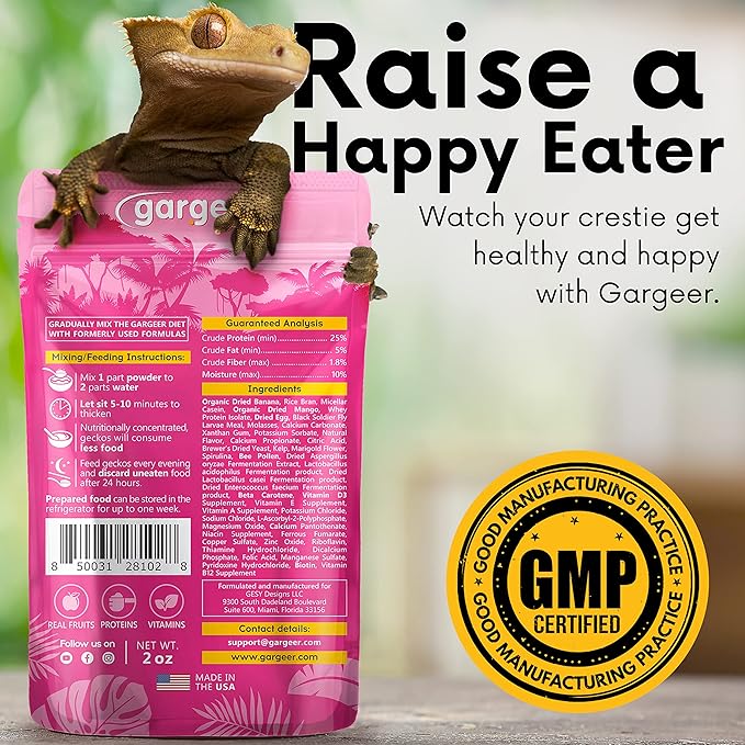 Gargeer 2oz Complete Crested Gecko Food Diet. Premium Mix, Ready to Use Freshly Made Powder. Unique Formula, Developed & Made in the USA. Enjoy! (Breeder + Insects Protein)