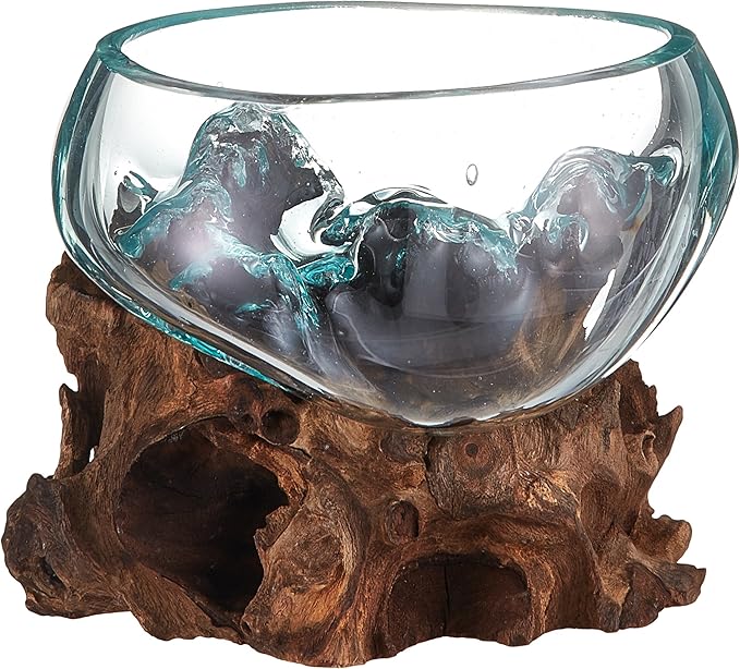 Cohasset Gifts 658-15 Wide Mouth Molten, Approximately 6", Natural Wood and Recycled Glass