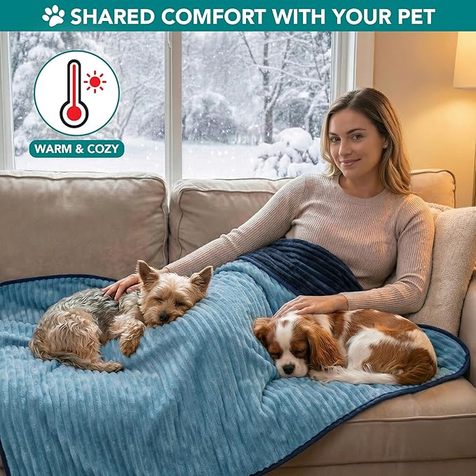 PetAmi Waterproof Dog Blanket, Leakproof Pet Blanket for Small Medium Large Dogs, Reversible Furniture Bed Sofa Couch Cover Protector, Plush Striped Pet Throw for Indoor Cat, 29x40 in, Navy Blue