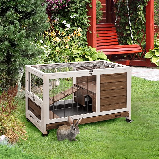 Rabbit Hutch with Wheels, Portable Indoor Outdoor Bunny Cage, Wooden Small Animal House with Removable Tray, Ramp & Side Door for Rabbits, Turtle, Guinea Pigs, Chinchillas- Brown
