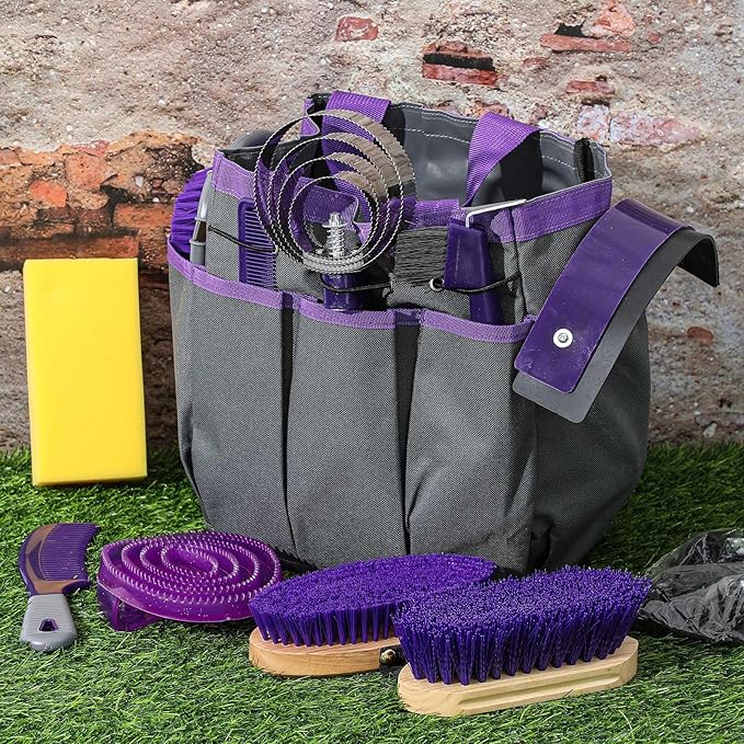 Abbylike 12 Pieces Horse Grooming Kit with Organizer Tote Bag Tack Room Supplies Horse Brush Sets Equine Care Cleaning Kit Shedding Grooming Massaging Tools(Grey and Purple)