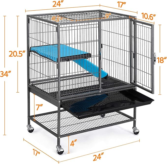 Topeakmart 34 Inch Multi-Level Small Animal Cage for Adult Rats, Chinchillas - Metal Rolling Cage with Removable Ramp & Platform, Black