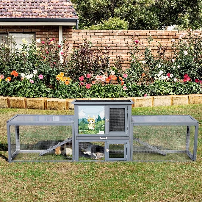 COZIWOW Large Wood Rabbit Hutch Outdoor Indoor, 94.5" L 2-Level Bunny Cage for 2 or More Small Animals, Wooden Pet House with Removable Tray & Multiple Entrances (Grey with Pattern)