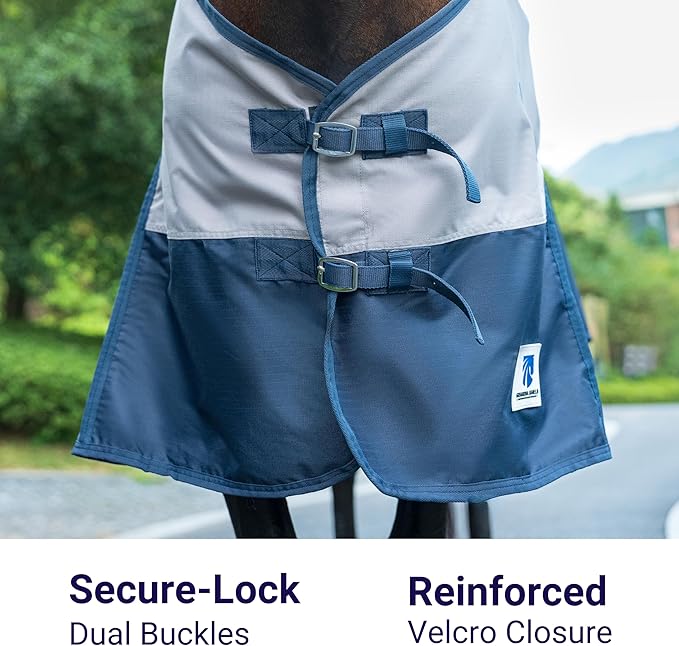 Horse Turnout Rain Sheet | 600 Denier Ripstop Turnout Blanket No Fill (0g) | Waterproof Lightweight Breathable | Tear-Resistant Outer & Rub-Free Silky Inner | Grey/Navy - 76 in