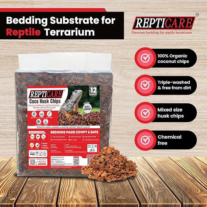 Gro-Med ReptiCare Coconut Husk Chips 12 Quarts of Ready to Use Organic Coco Husk Bedding for Ball Pythons, Snakes, Tortoises, Crested Geckos, Frogs, or Lizard Terrarium Tanks - 2.87 lb