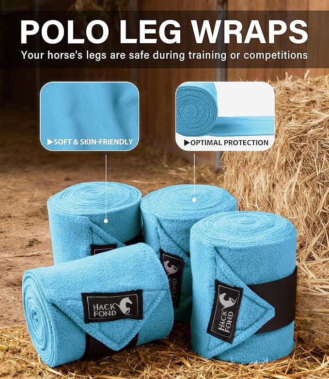 Fleece Horse Polo Leg Wraps Set of 4, 10' Horse Leg Bandages Stable Supplies Equestrian Boots Light Blue