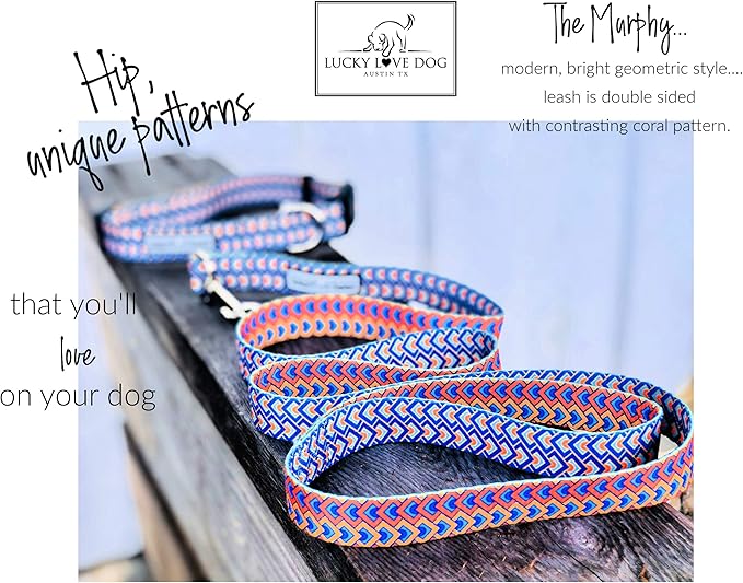 Lucky Love Dog, Bold Matching Dog Collar and Leash Set, Soft & Adjustable, Geometric Pattern Collar and Leash for Male Female Dogs - (Medium, Murphy Combo)