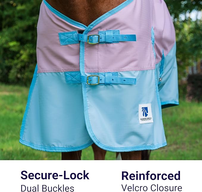 Horse Turnout Rain Sheet | 600 Denier Ripstop Turnout Blanket No Fill (0g) | Waterproof Lightweight Breathable | Tear-Resistant Outer & Rub-Free Silky Inner | Pink/Blue - 74 in