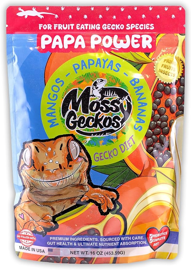 Complete Gecko Diet for Fruit and Insect Eating Geckos, 2 oz & 16 oz, with Human-Grade Dried Fruit, Probiotics and Vitamins (16 oz, Papa Power - Papaya, Mango & Banana)