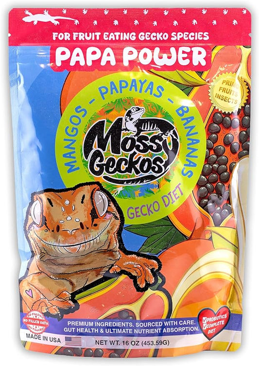 Complete Gecko Diet for Fruit and Insect Eating Geckos, 2 oz & 16 oz, with Human-Grade Dried Fruit, Probiotics and Vitamins (16 oz, Papa Power - Papaya, Mango & Banana)