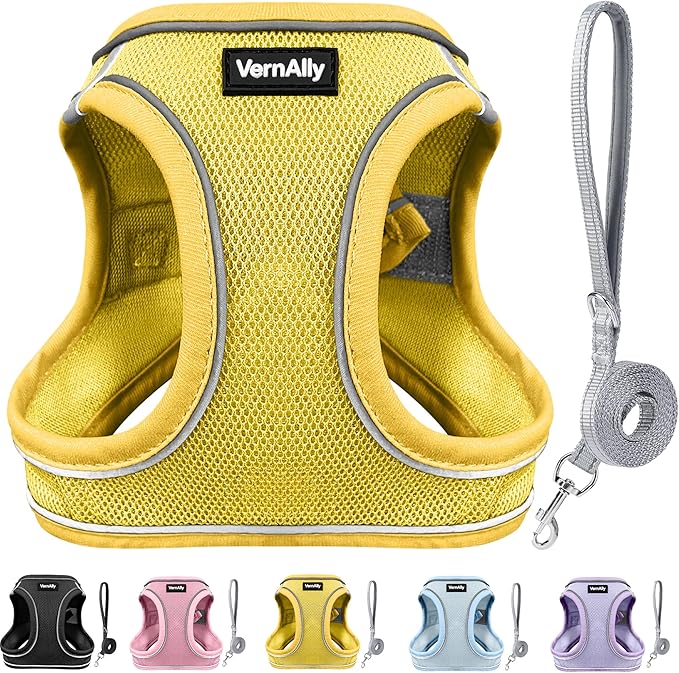 Sparkly Dog Harness Small Sized and Leash Set for Small Dogs Cats,Yellow S Puppy Harness, Step in Soft Dog Reflective Vest, Breathable Mesh Pet Harness. (Yellow, M)