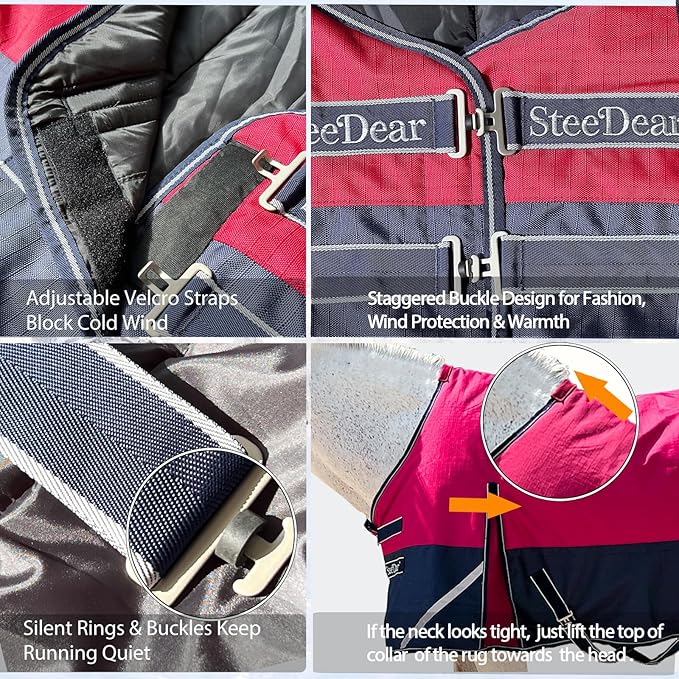 300g1200D Winter Waterproof and Breathable Horse Blanket Warm Turnout Blankets with Reflective Strips Design (Red/Blue, 81'')