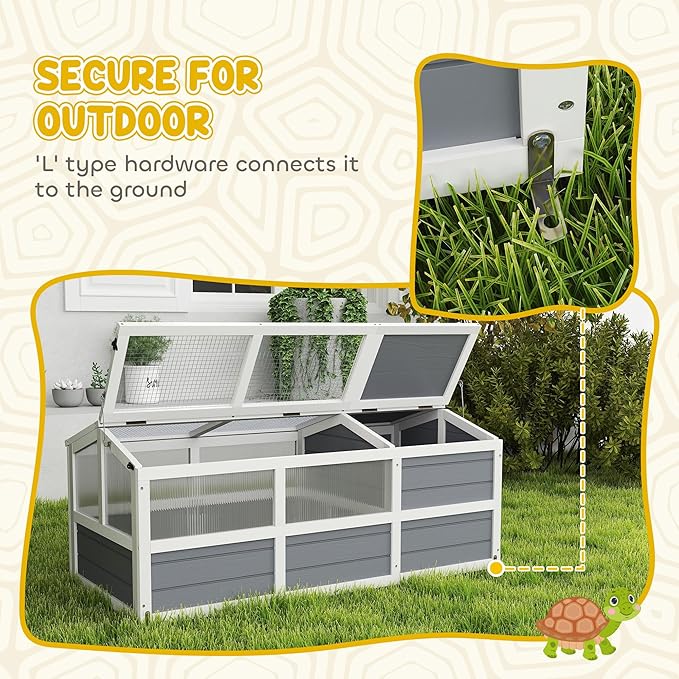 PawHut Tortoise Habitat, Wooden Outdoor Tortoise Enclosure with Doors, PC Sun Panel Windows, Bottomless Design Tortoise House for Small Animals, Rabbits, Light Gray