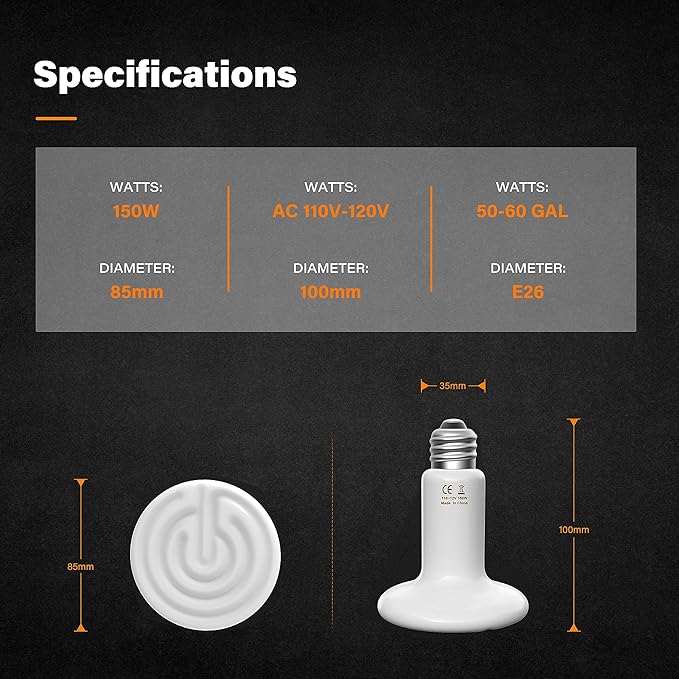 YSSOA 150W Ceramic Heat Emitter, Reptile Heat Bulbs, Ceramic Heat Lamp for Reptiles, Amphibian, Chicken, Dog, Cat, 1 Pack, White