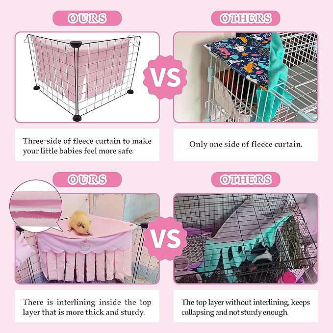2 PCS Guinea Pig Hideout, Cute Guinea Pig Corner Fleece Forest Hideaway 3-Side Curtain, Rabbit Hammock Toy and House Bed for Bunny, Ferret, Rat and Small Animal Cage Accessories (Pink+Purple)