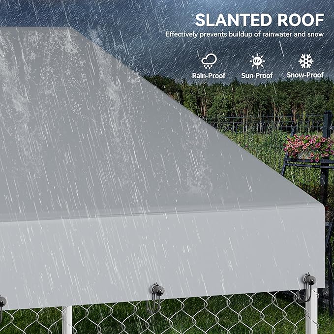 DWVO 10'x10' Dog Kennel Outdoor with Rotating Feeder Bowls, Outdoor Dog Pens with Roof, Heavy Duty Dog House for Medium Large Dogs