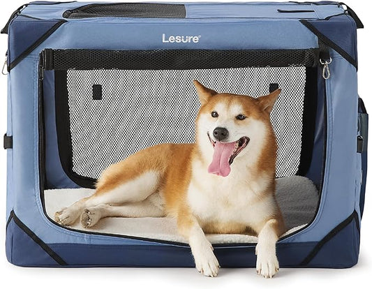 Lesure Collapsible Dog Crate - Portable Travel Kennel for Medium Dog, 4-Door Pet Crate with Mesh Windows, Indoor & Outdoor, Blue