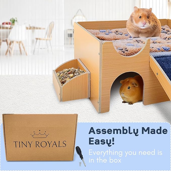 Guinea Pig Wooden Hideout with Built-in Feeder, Screw-Assembled Natural Wood Castle with Absorbent Fleece Mat, Ramp & Accessories, Cozy Safe Hideaway for Small Pets to Rest, Play & Explore