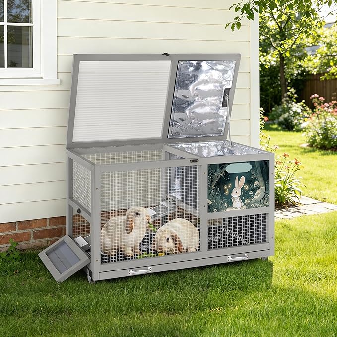 COZIWOW 36.5-Inch Double-Decker Wooden Insulated Rabbit Hutch with Wheels, Heated Rabbit Cage Featuring A Cleaning Tray and Ladder—Stylish&Easy to Assemble（Grey and Warm）