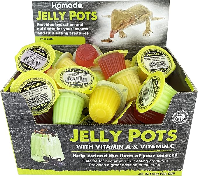 Komodo Jelly Pots Mixed Fruit Flavor Insect Food | Individually Portioned | Provides Nutrition & Hydration for Fruit-Eating Reptiles 40 Count Display (16g per Cup)