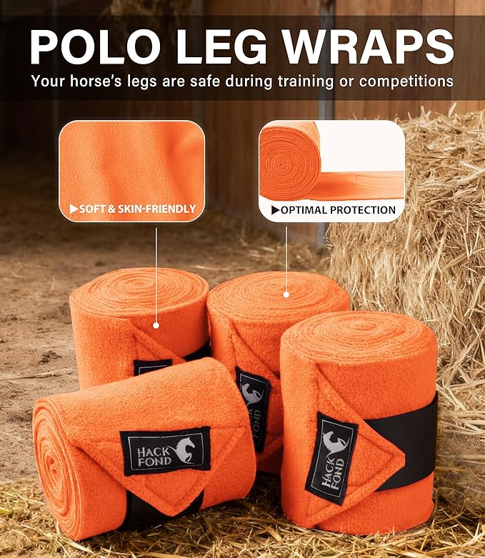 Fleece Horse Polo Leg Wraps Set of 4, 10' Horse Leg Bandages Stable Supplies Equestrian Boots Bright Orange