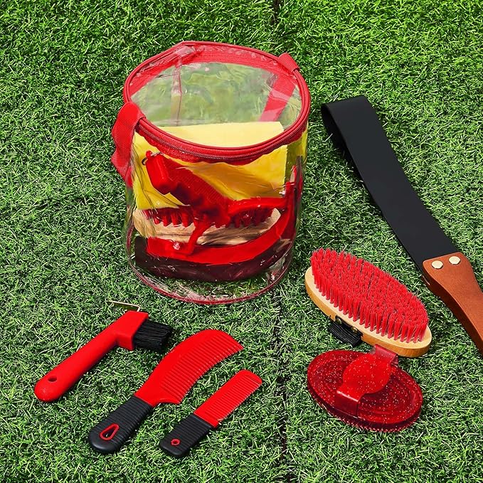 Cunhill 9 Pcs Horse Grooming Kit Tack Room Supplies Set with Tote Bag, Oval Massage Curry, Hard and Soft Brush, Hoof Pick, Sweat Scraper, Bathing Sponge, Comb for Horse Rider(Cute,Red)